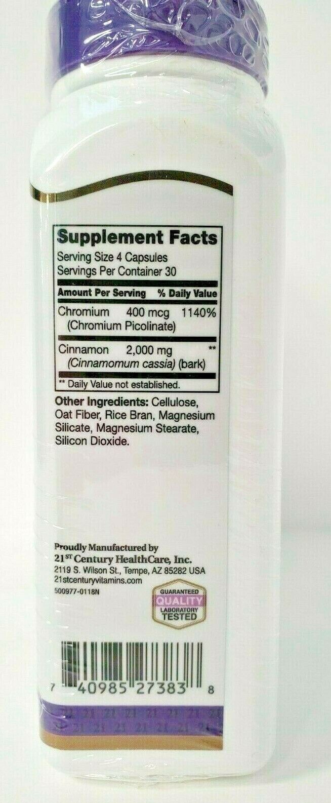 21st Century Cinnamon 2000mg Plus Chromium 120ct Caps- 3 Pack -Exp Date 07-2025