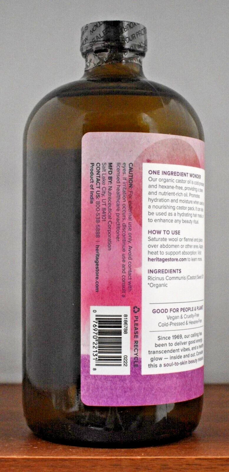 Heritage Store Organic Castor Oil – 32 fl oz (946 ml) – Glass Bottle – Pack of 2