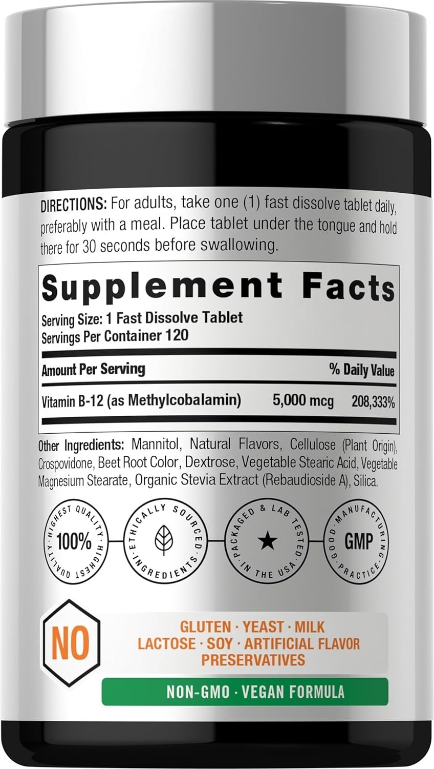B12 Sublingual Methylcobalamin | 5000mcg | 120 Dissolvable Tablets | by Horbaach