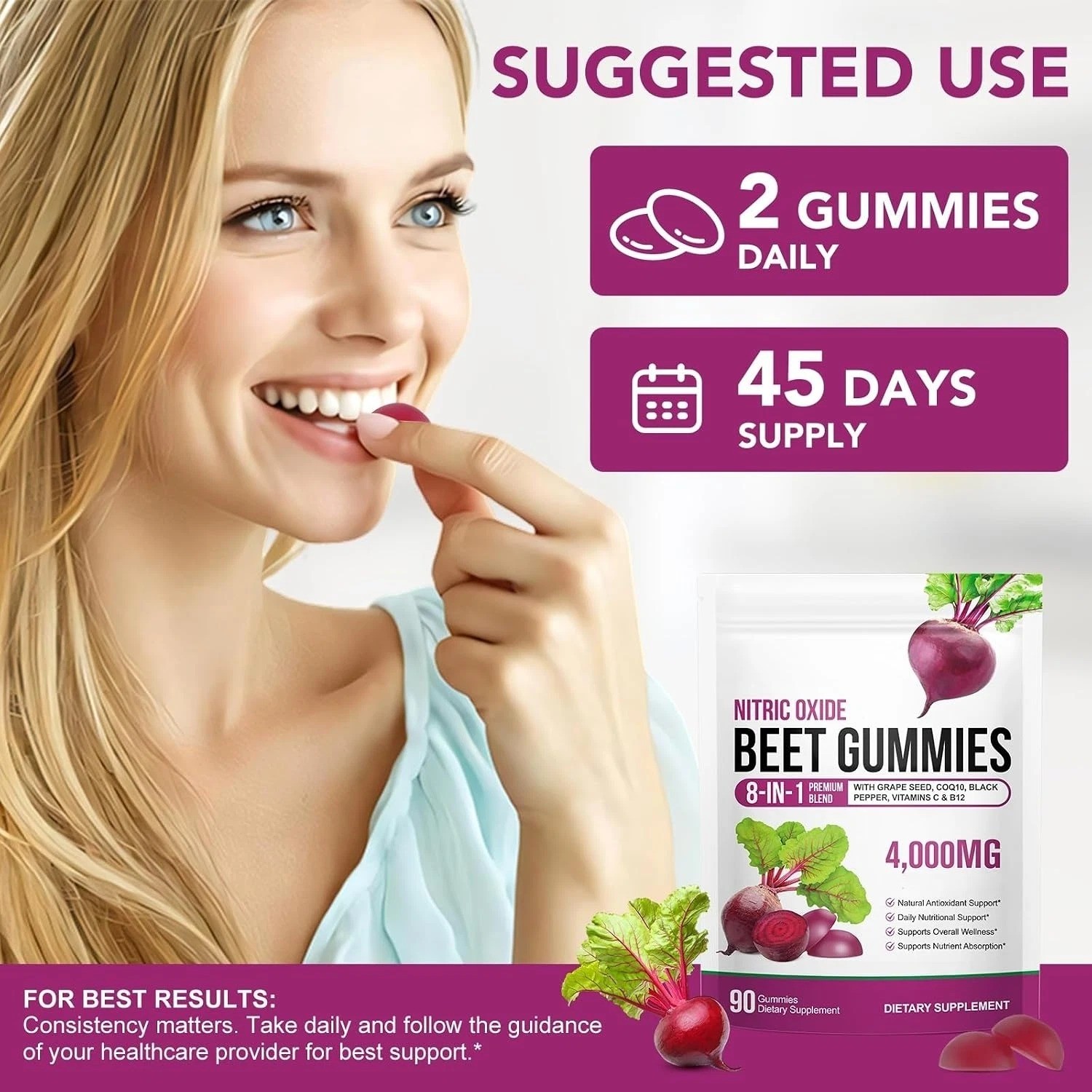 Super Beetroot Gummies, 8 in 1 Beet Root 4,000Mg with Grape Seed Extract & Coq10