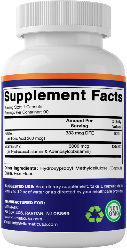 Vitamatic Adenosylcobalamin Hydroxocobalamin B12-3000 mcg with Folic Acid – 90ct