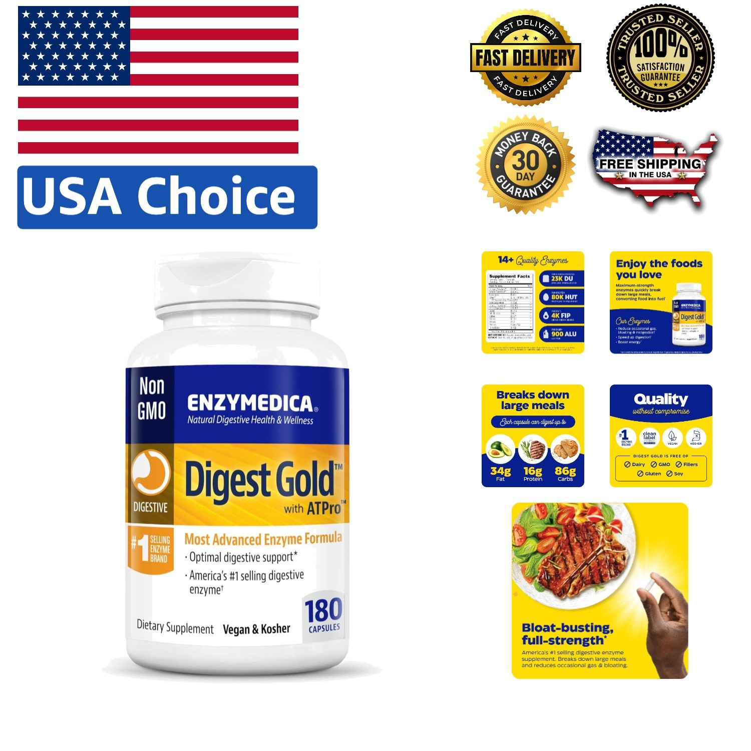 Digest Gold + ATPro 180 Capsules, Maximum Strength Enzyme for Bloating Relief