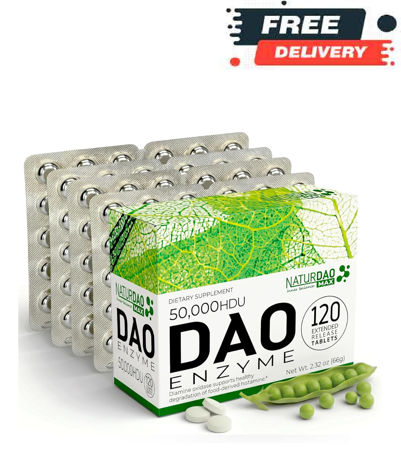 MAX DAO Enzyme Supplement 120 Tablets, 50,000 HDU per Tablet Adjustable Dosage,