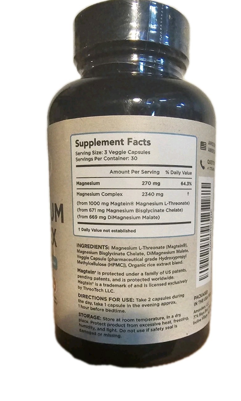 AMANDEAN Magtein Magnesium Complex, L-Threonate, Glycinate, 90 VegCaps Exp: 5/27