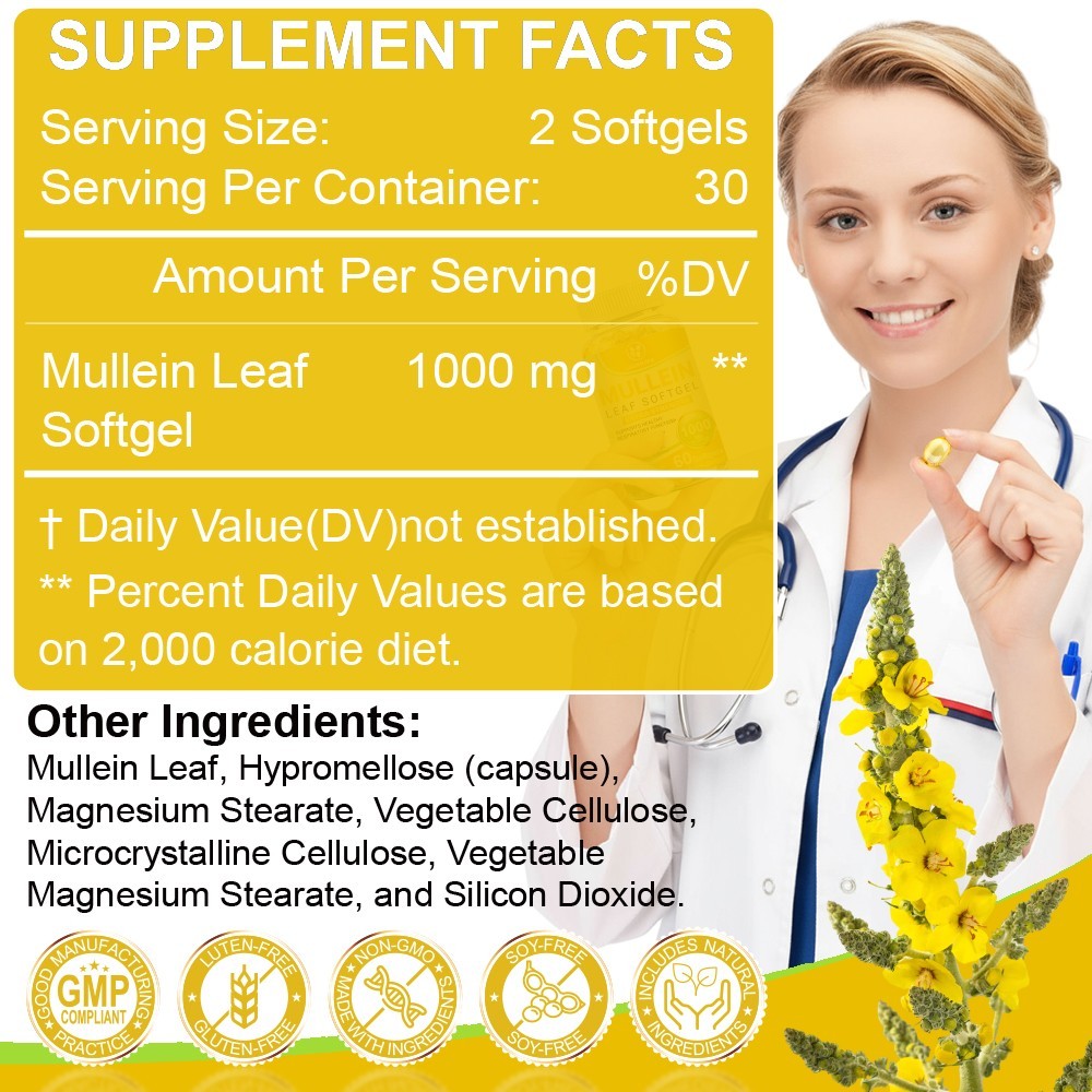 Mullein Leaf Capsules 1000mg – Support Lung Cleanse Respiratory Health Vegan US
