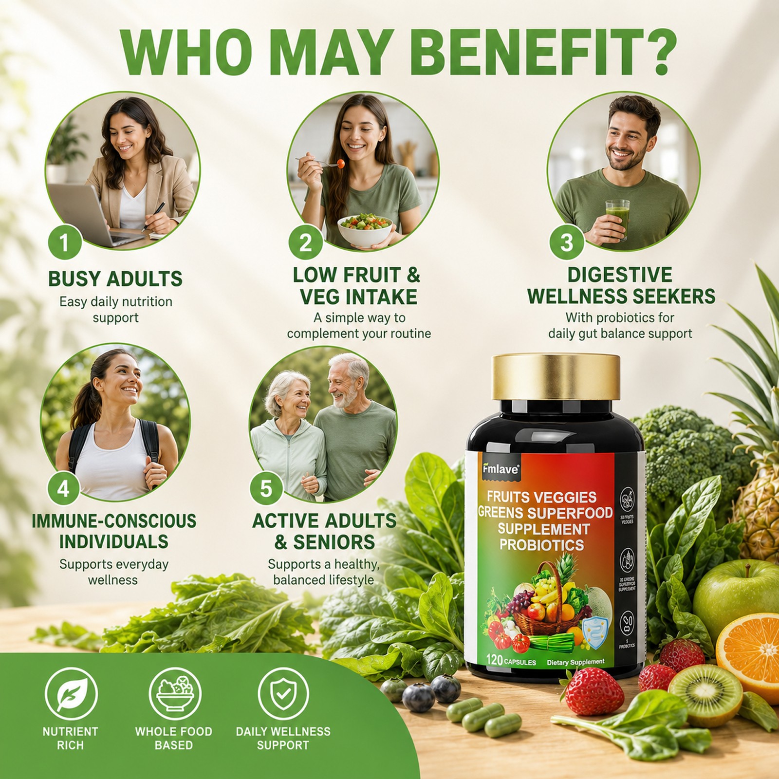 4pc 70 Fruits and Veggies Whole Food Supplement, Superfood & 5 Probiotic Strains