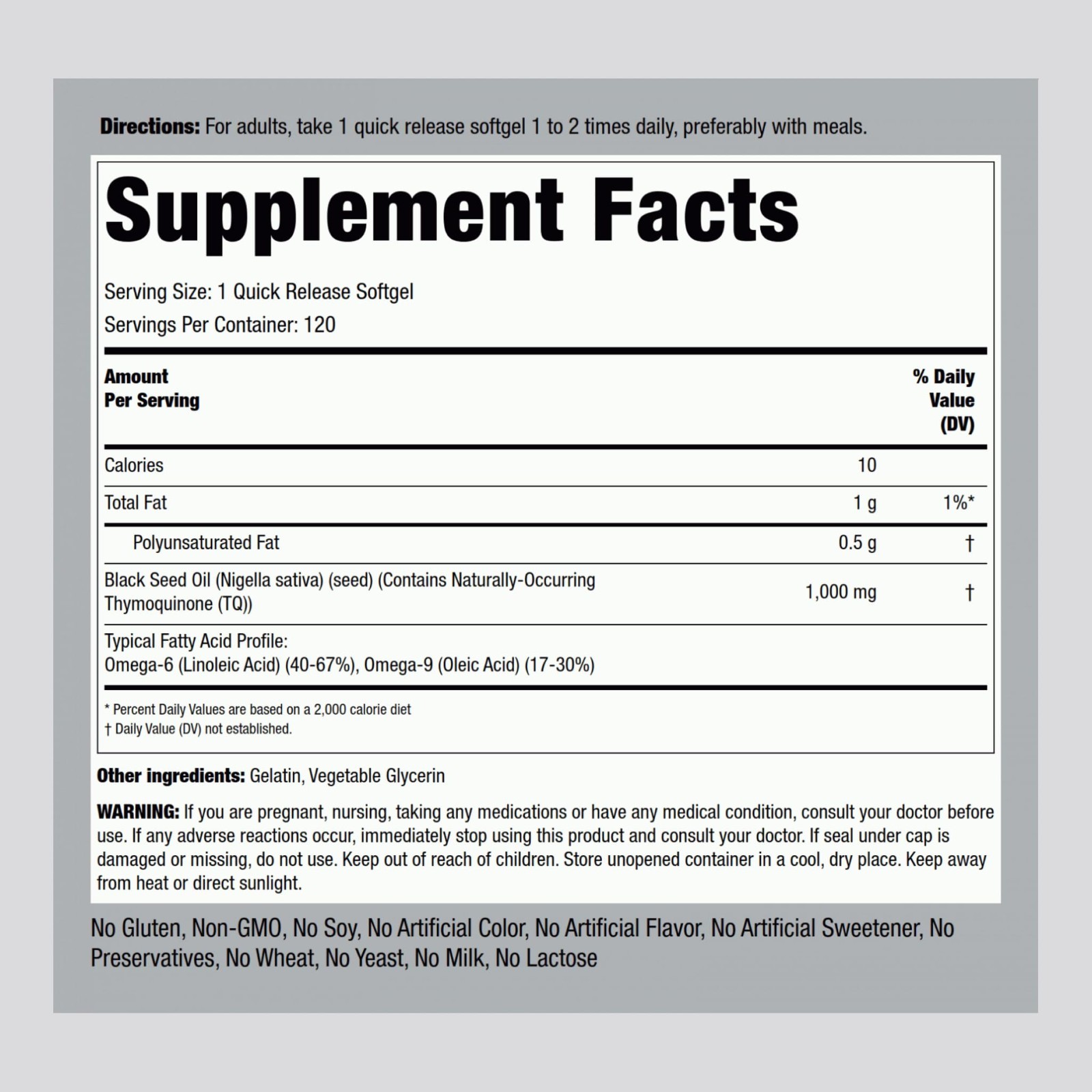 Black Seed Oil Softgel Capsules 1000mg – 120 Pills, Cold Pressed, Non-GMO, Glute