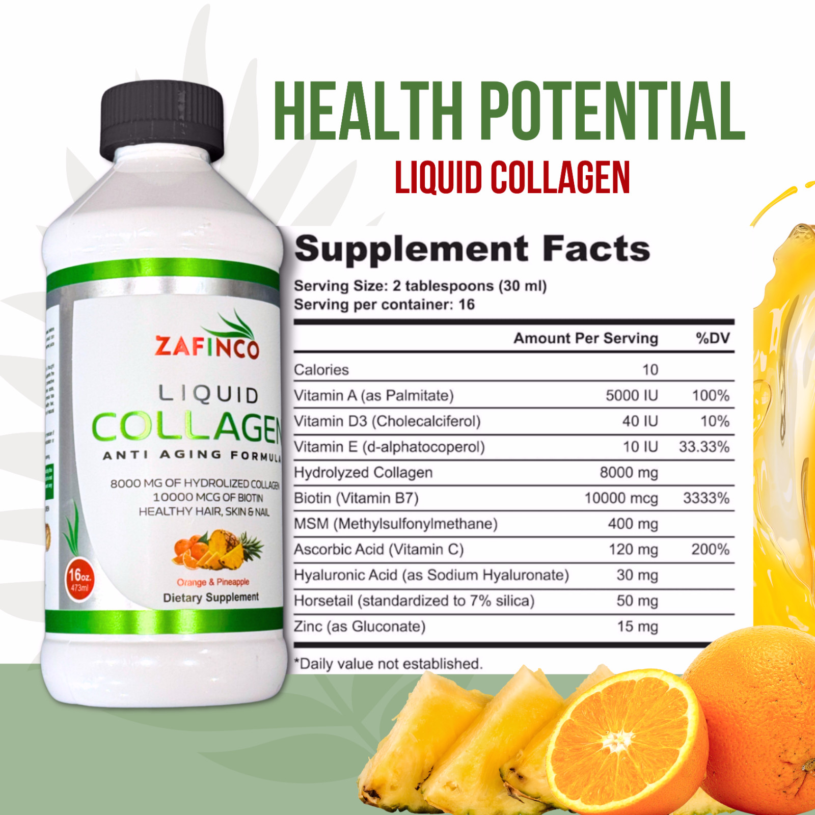 ZAFiNCO- Liquid Collagen, Extra Strength Sugar Free Biotin, Orange -Pineapple