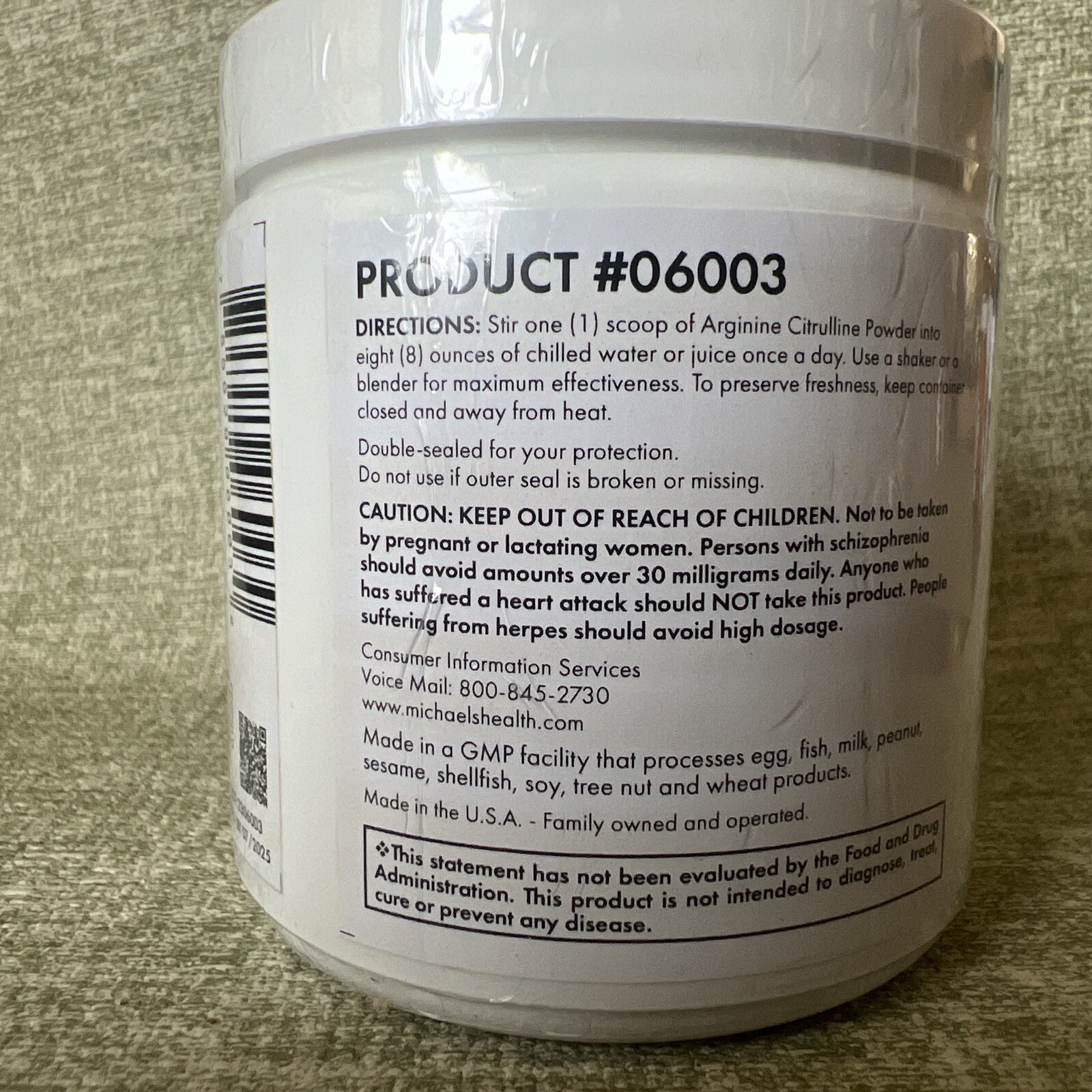 Arginine Citrulline Powder Supplement. MH Michael’s Health 3.1oz 07/2025 SEALED