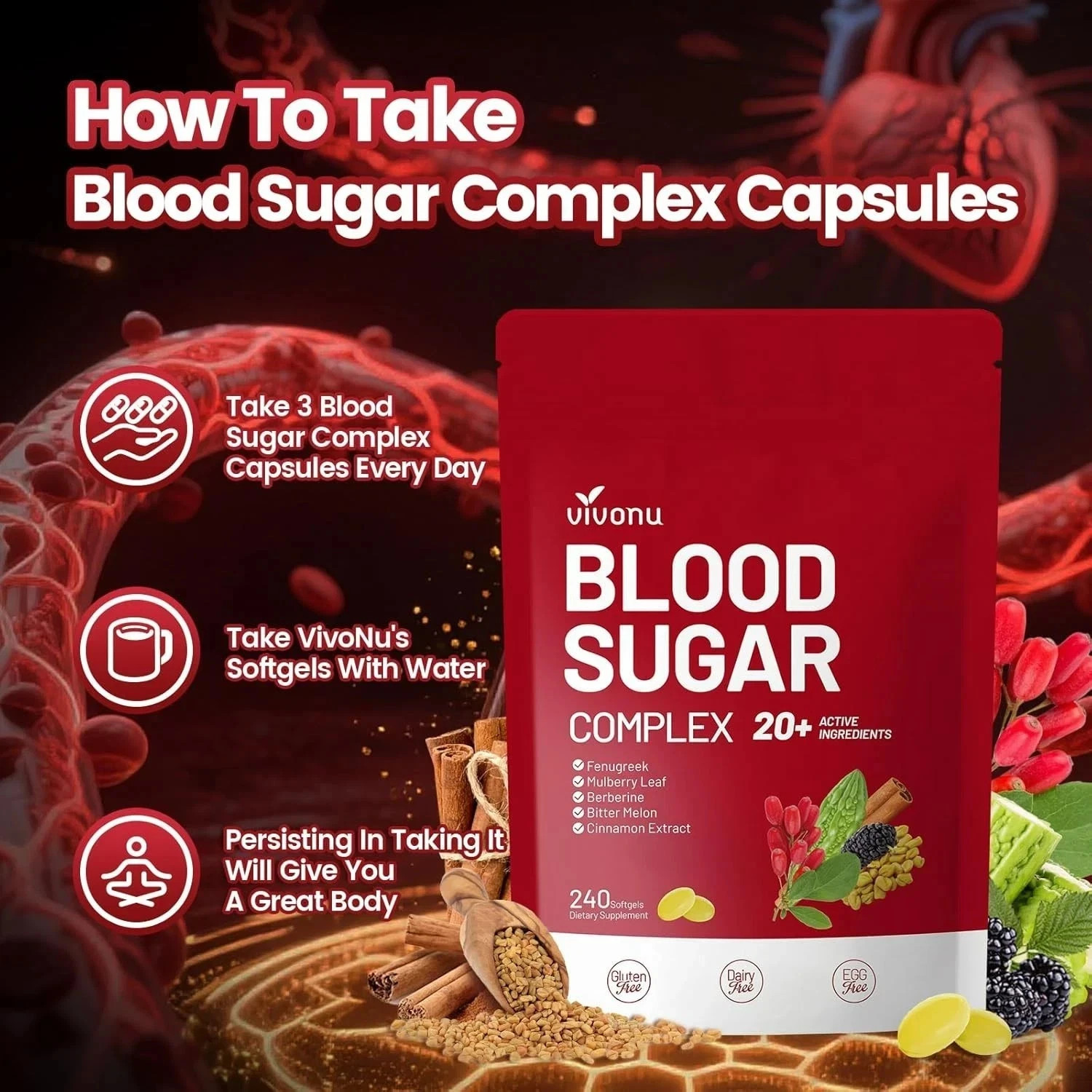 VivoNu Blood Sugar Complex Supplement with 20 Herbs and Vitamins 240 Softgels.