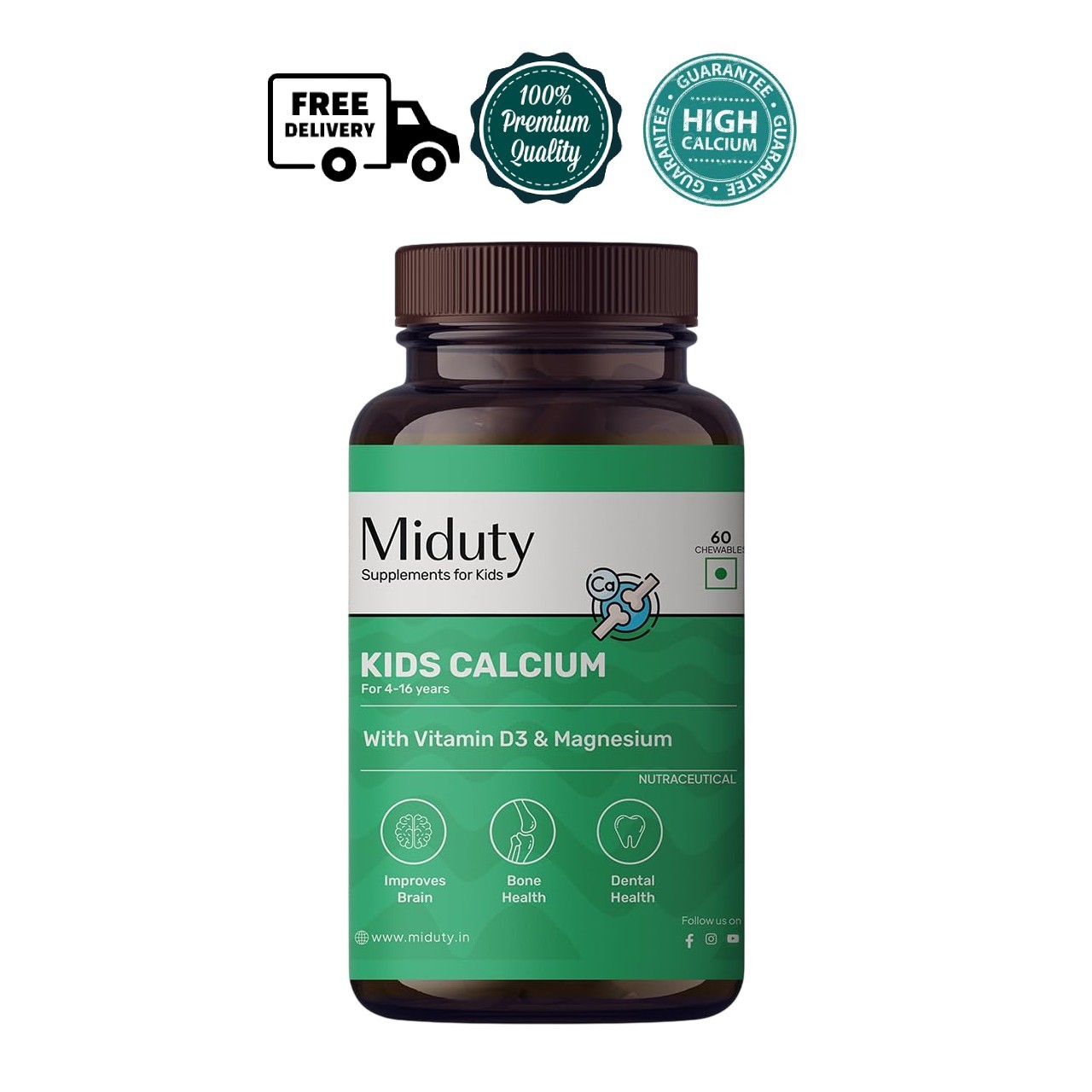 Midu.ty Kids Calcium D3 K2 Magnesium Mint 60 Chewables