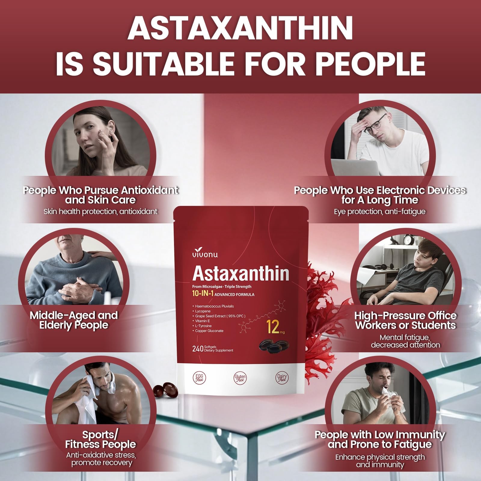 10 in 1 Astaxanthin 12mg Supplements Softgels, 4 Month Supply, 1 Bag