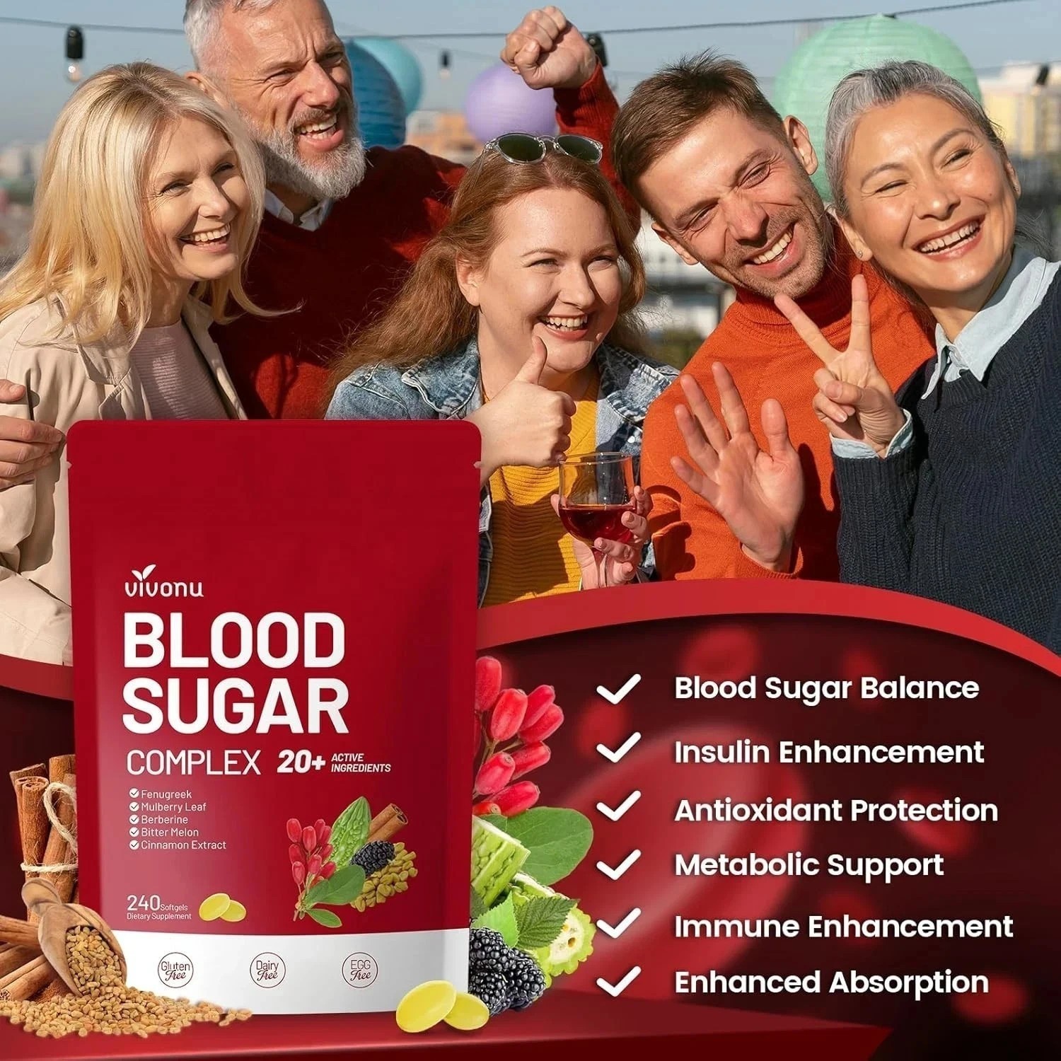 VivoNu Blood Sugar Complex Supplement with 20 Herbs and Vitamins 240 Softgels