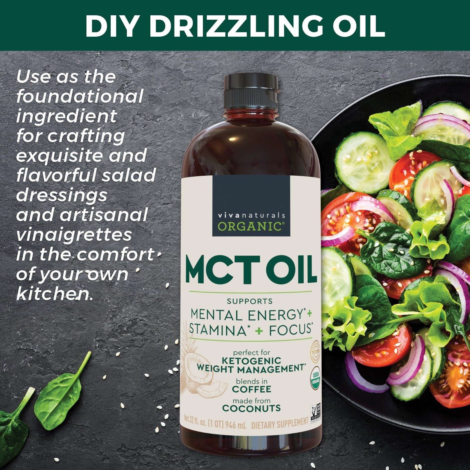 Organic MCT Oil 32 fl oz – Keto & Paleo Friendly, Non-GMO, Boosts Energy & Focus