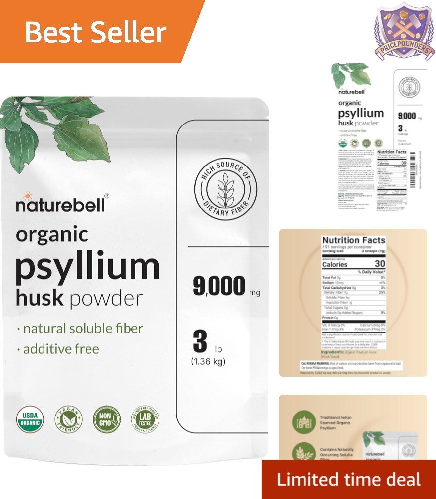Organic Psyllium Husk Fiber Powder 9g per Serving 3lb for Digestive Gut Health