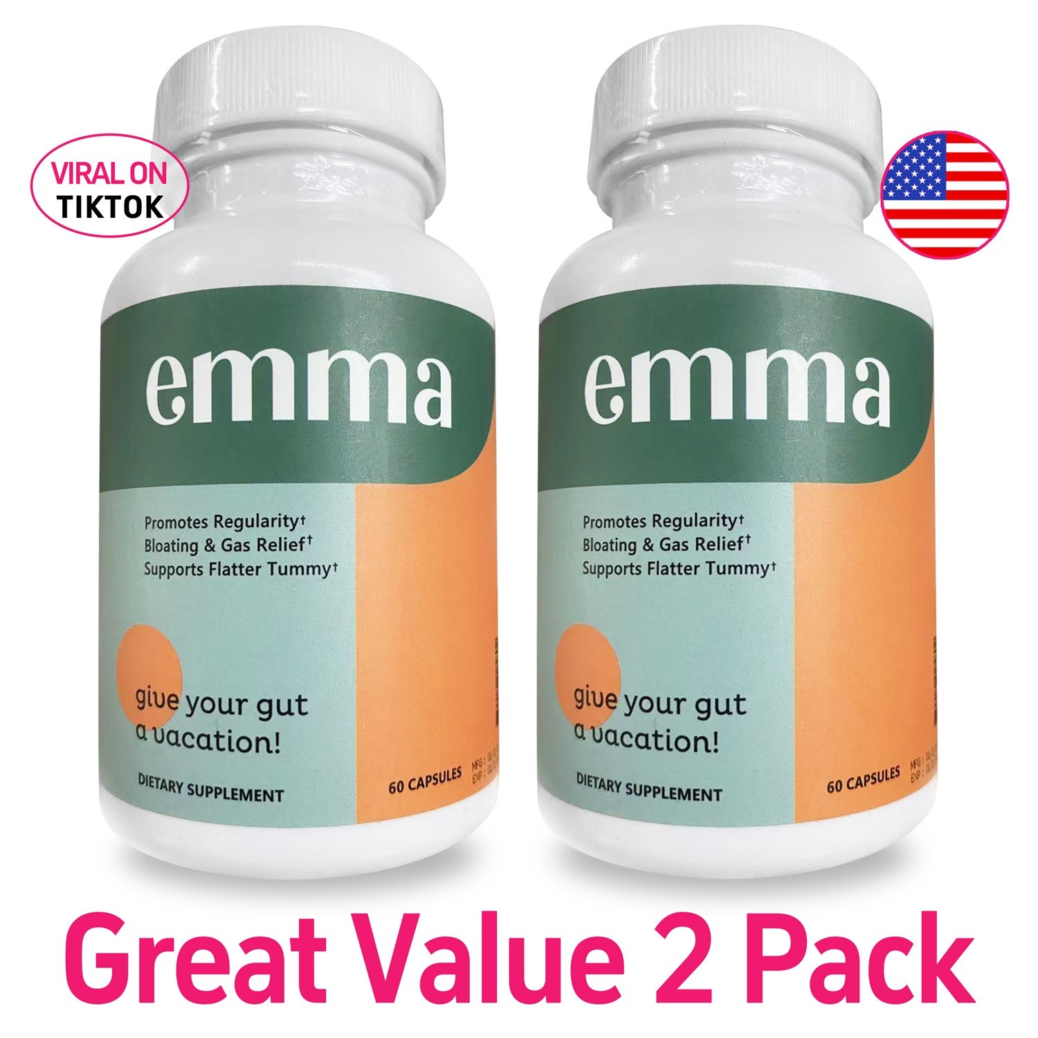 2 package Emma Gut Health Supplement 180 Capsules for Bloating Relief & Leaky…