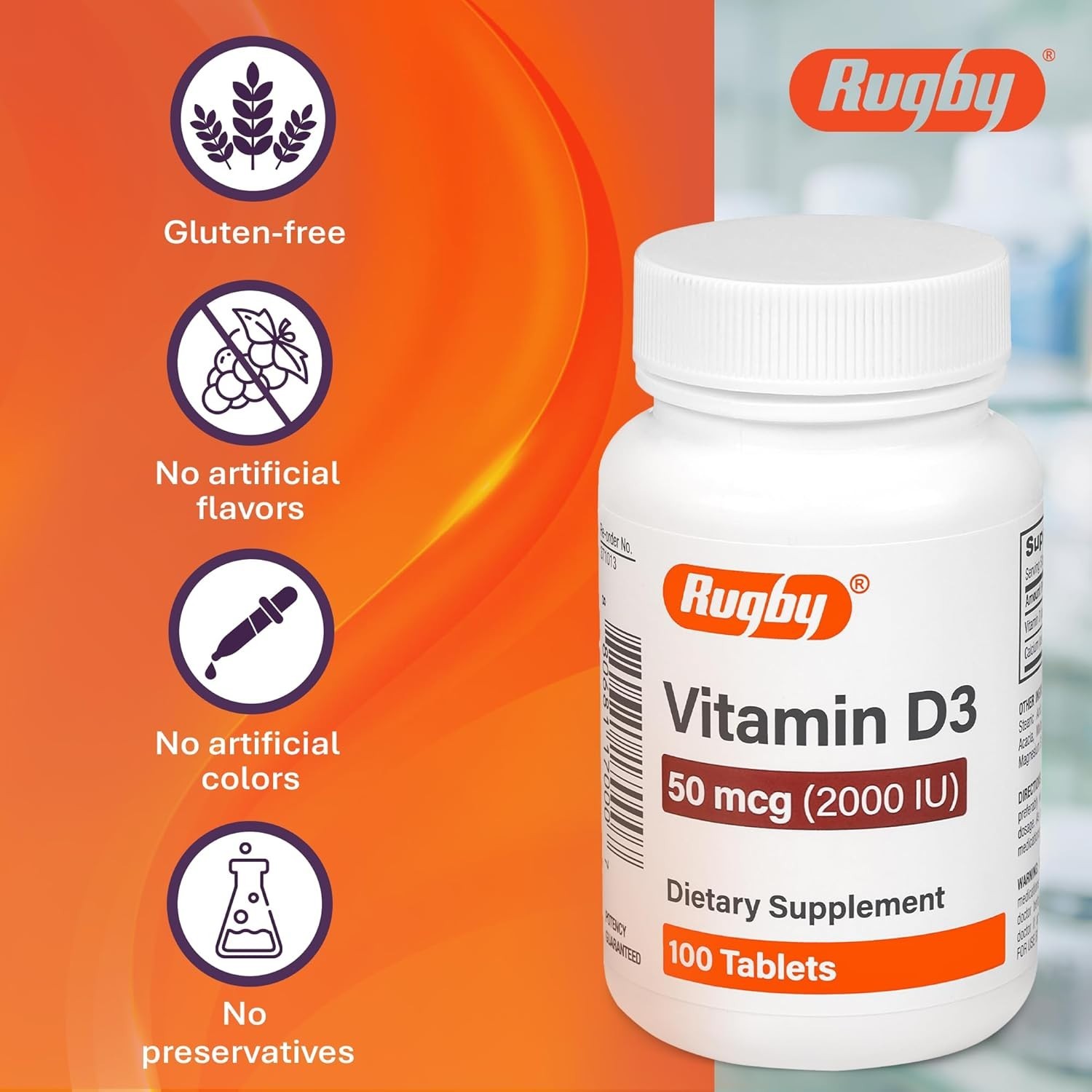 Rugby Vitamin D3 50 mcg 2000 IU, Tablet Dietary Supplement Daily Vitamin D, 100