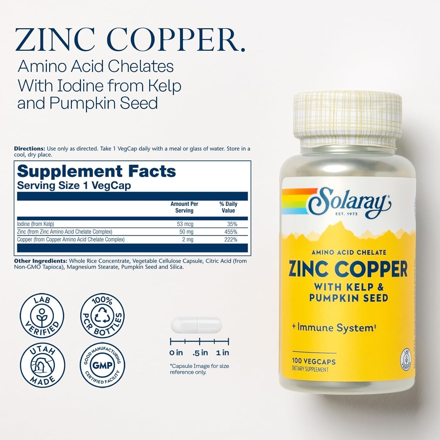 SOLARAY Zinc Copper Amino Acid Chelate – Immune Support Supplement w/Chelated Zi