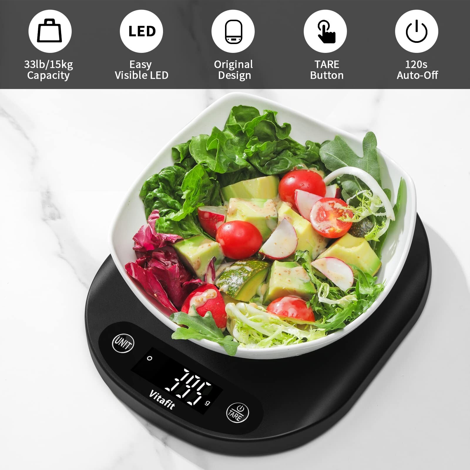 Vitafit 33lb/15kg Digital Food Scale Grams and Ounces in 1g/0.1oz, High Accur…