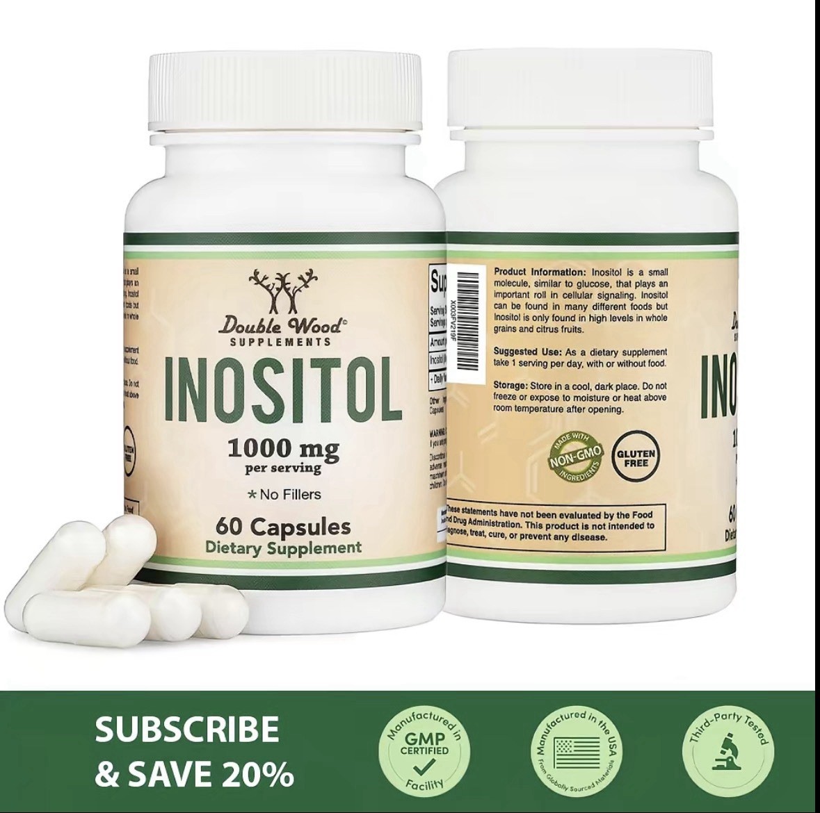 Double Wood Supplements ~ Inositol ~ 1000mg ~ 60 Caps ~ Sealed ~ Exp.04/2028