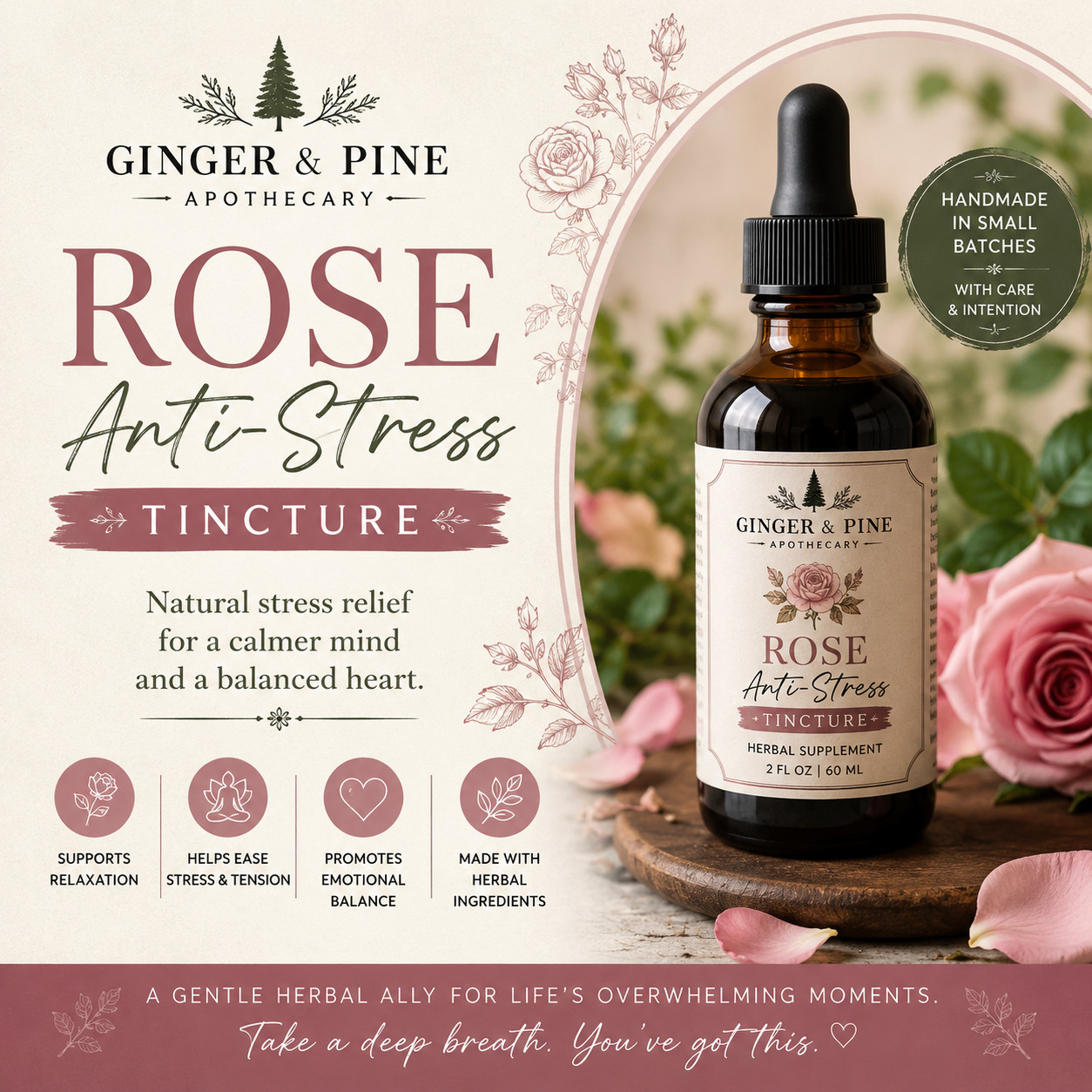 Rose Anti-Stress Tincture | Herbal Stress Relief Drops for Calm and Relaxation