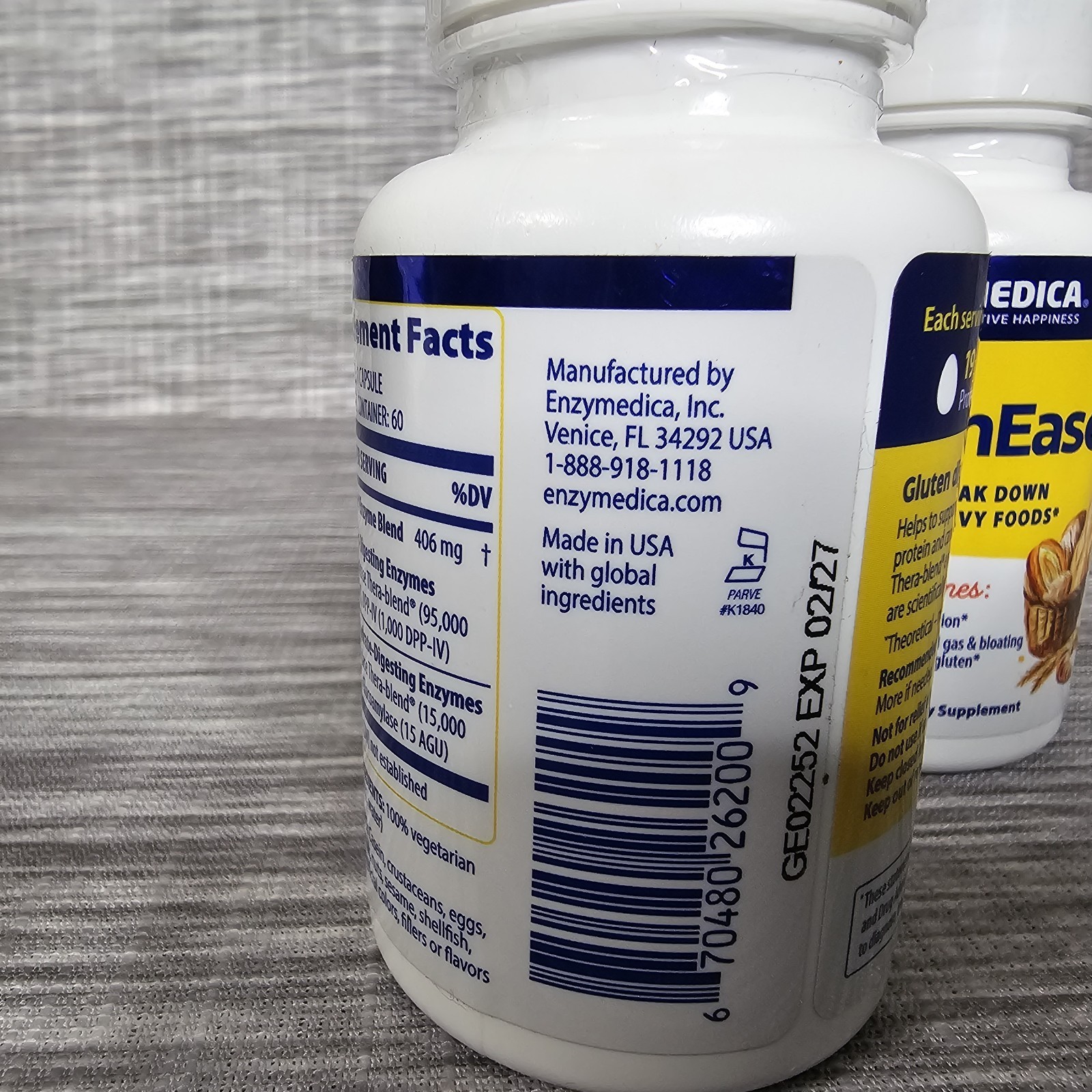 Lot of 2 Enzymedica GlutenEase 60 Capsules Exp 02/27 Gluten Digestive Enzymes