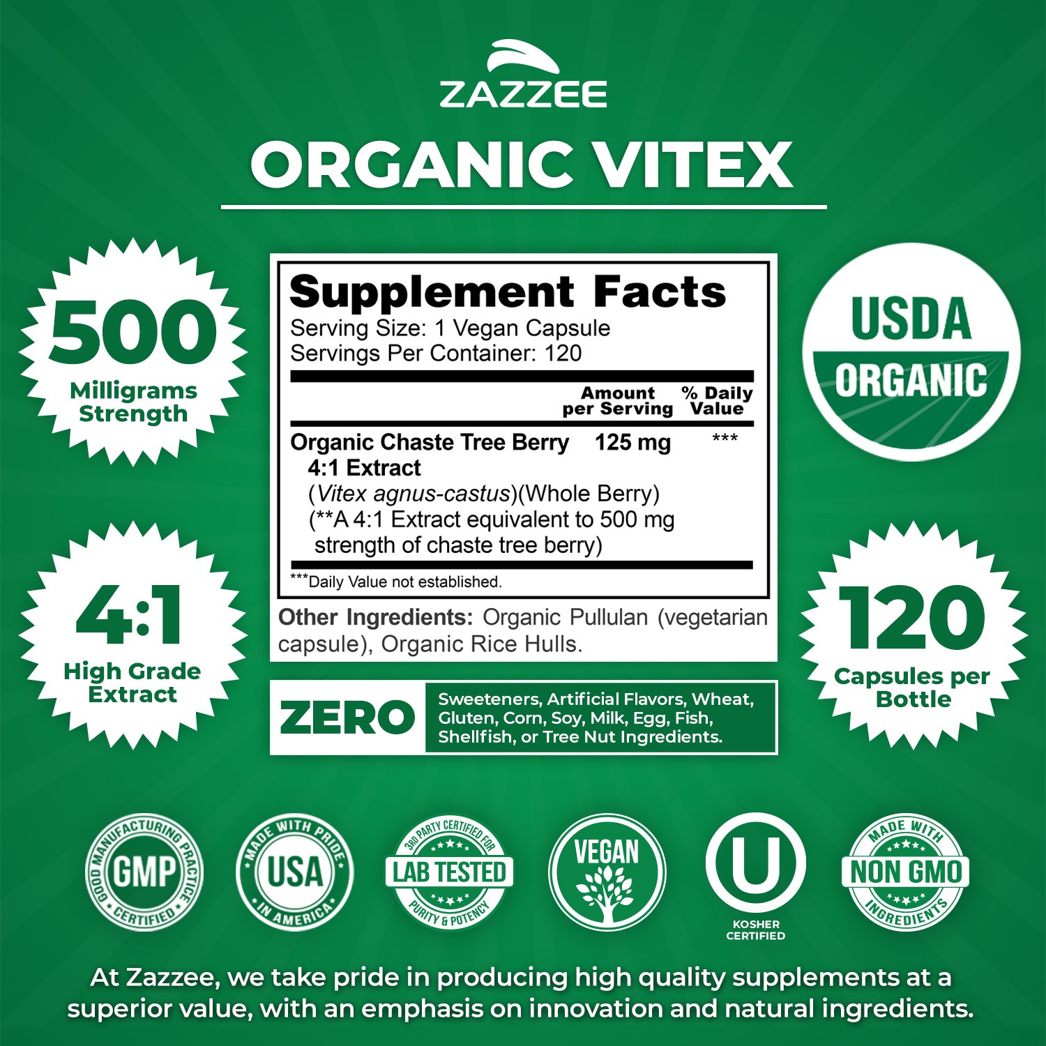 Vitex USDA Organic 500 mg Strength 120 Veggie Caps 4:1 Extract 4 Month Supply