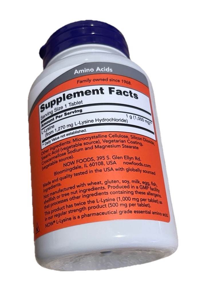 NOW FOODS L-Lysine, Double Strength 1000 mg – 100 Tablets