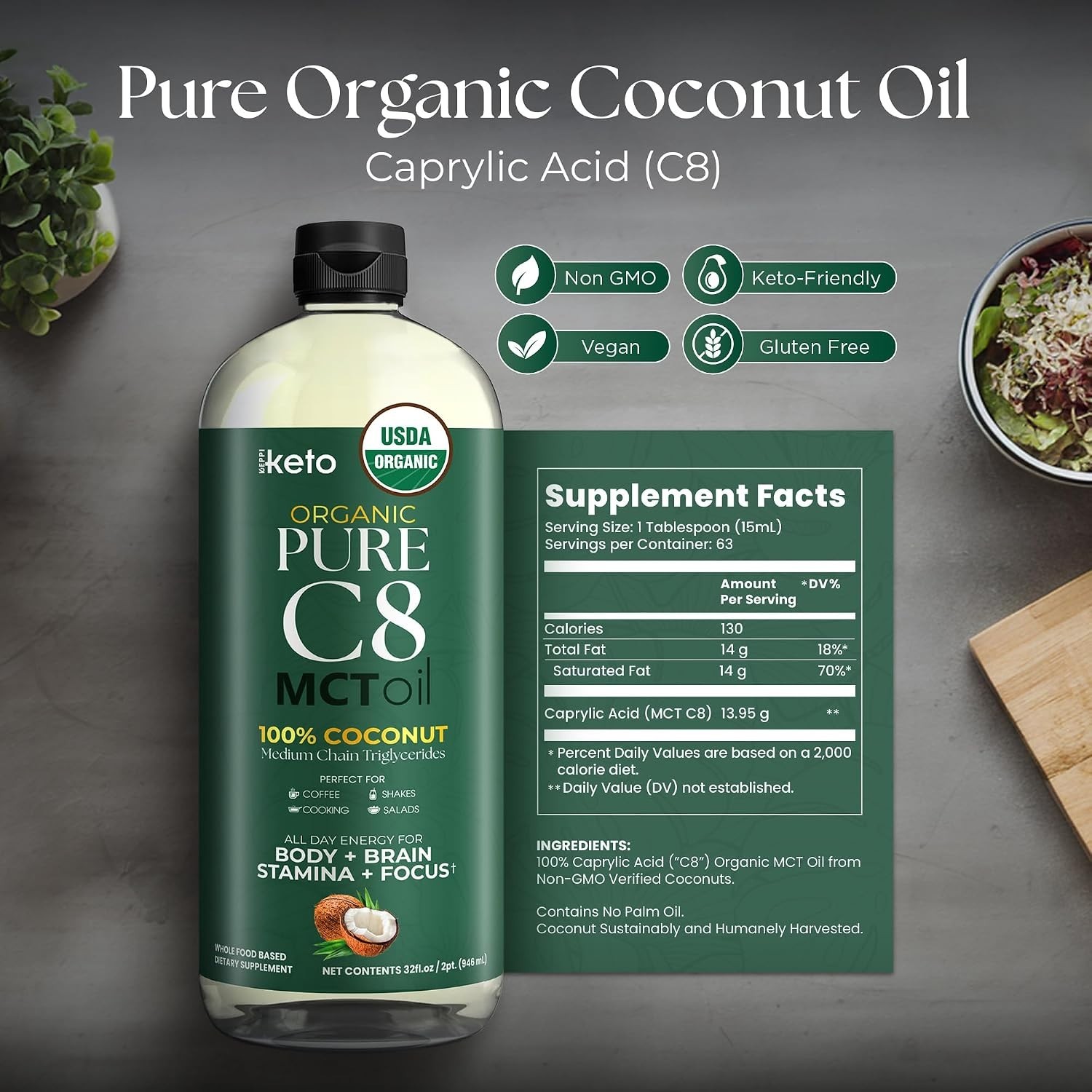 Keto Organic MCT Oil – Flavorless C8, Non-GMO, Certified Gluten-Free, Palm Oi…