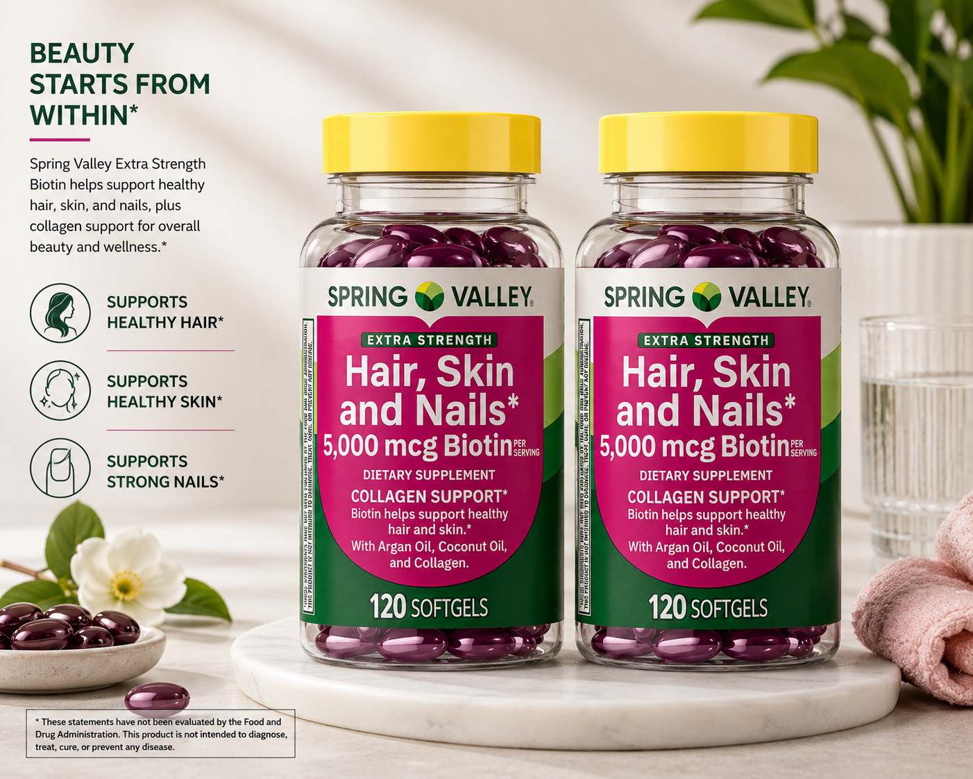 Spring Valley Hair Skin & Nails 5000mcg Biotin 2 Pack 120 Softgels Collagen