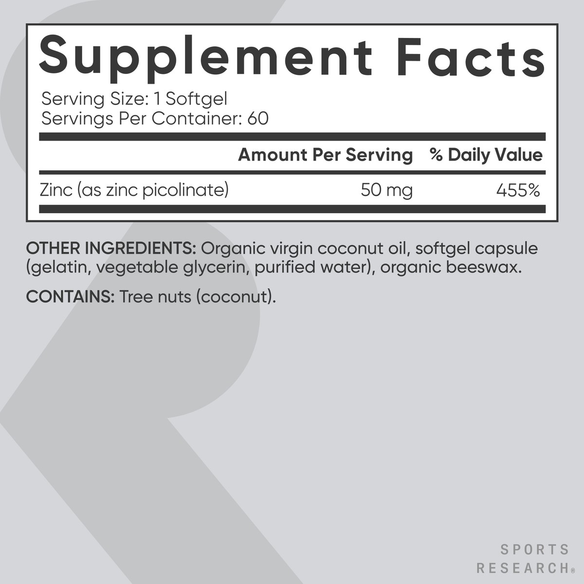 Zinc Picolinate 50mg Organic Coconut Oil Absorbable Immune Support Non-GMO 60ct