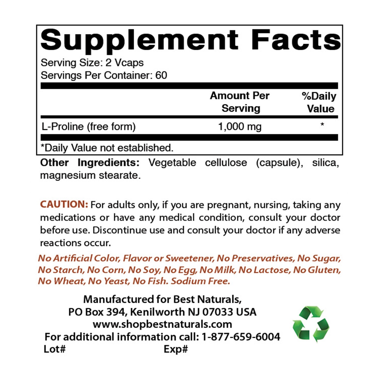Best Naturals L-proline Amino Acid Dietary Supplement 500 Mg, 120 Count