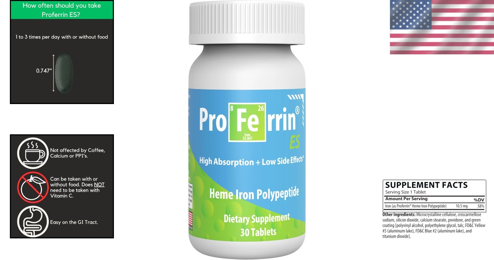 Easy Iron Absorption – 30 Unflavored Tablets with 0.5mg Heme Iron, Gut-Friendly