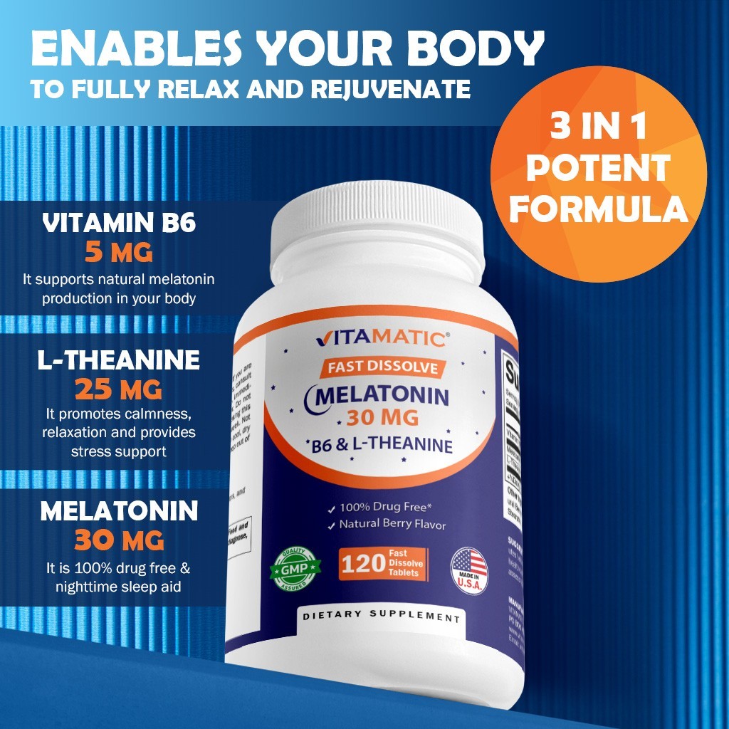 Vitamatic Melatonin 30mg – with B6 & L-Theanine – 120 Fast Dissolve Tablets with