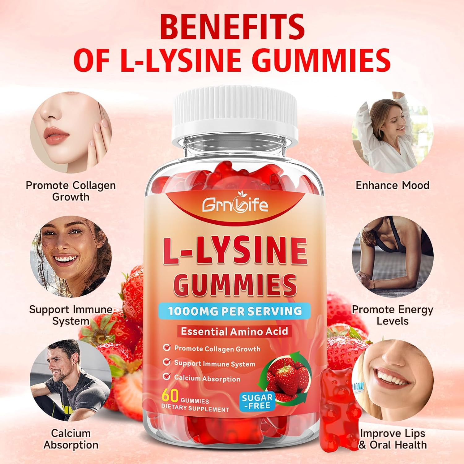 L-Lysine 1000mg Gummies Immune Support Strawberry 120 Count