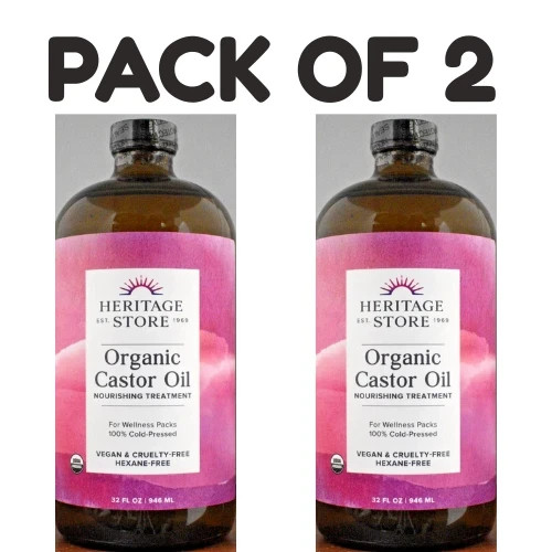 Heritage Store Organic Castor Oil – 32 fl oz (946 ml) – Glass Bottle – Pack of 2