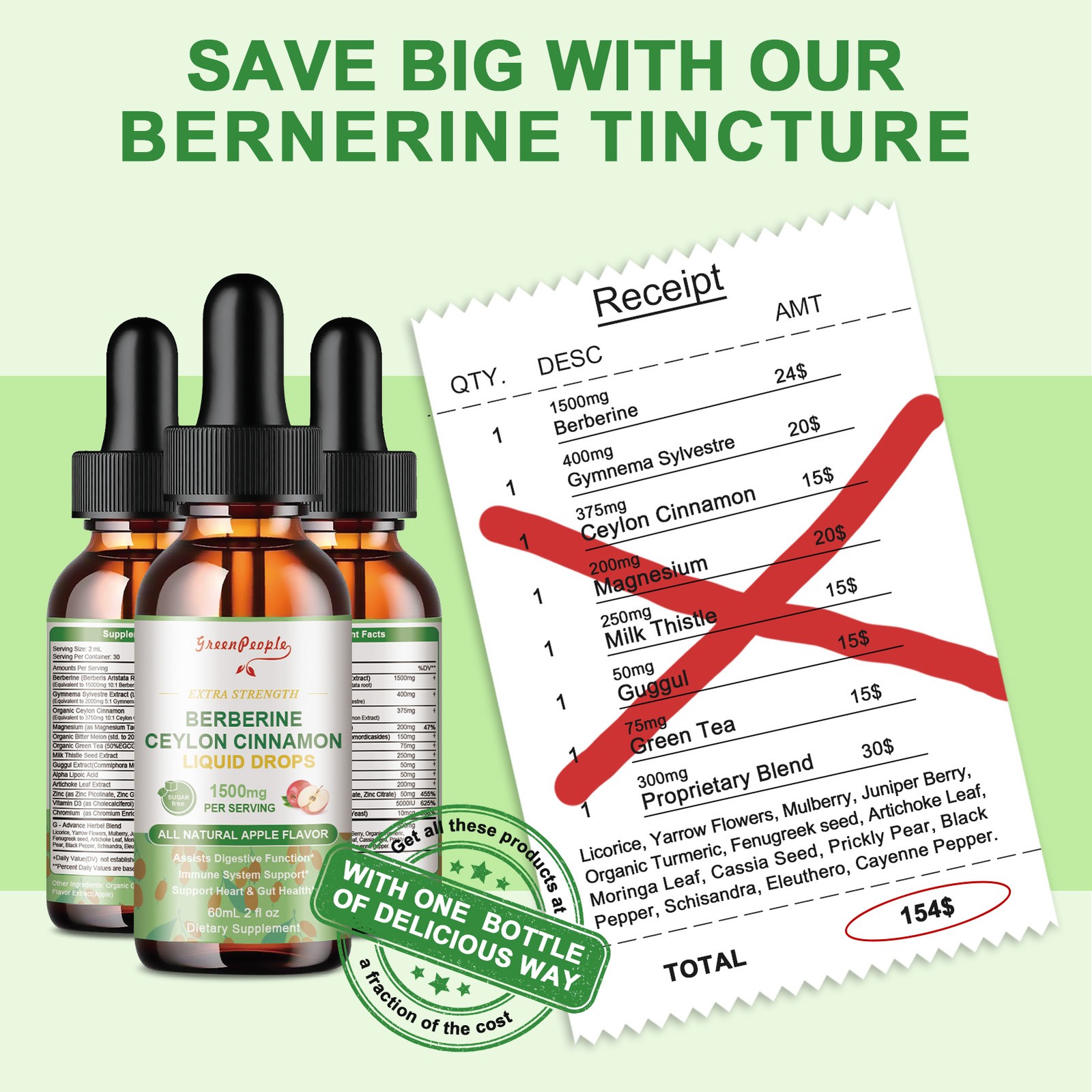 Berberine Liquid Drops 120ml – 1500mg with Ceylon Cinnamon for Heart Health