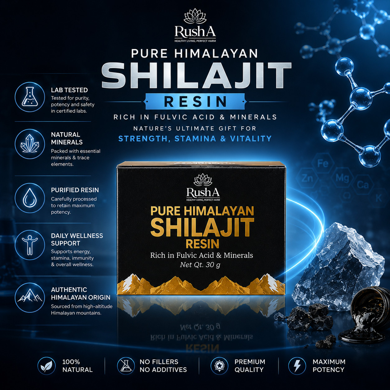 Rusha Pure Himalayan Shilajit Resin 30g | Rich in Fulvic Acid & Minerals