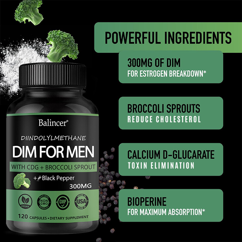DIM (Diindolylmethane) for Men 300mg, 30/60/120 Capsules with BioPerine