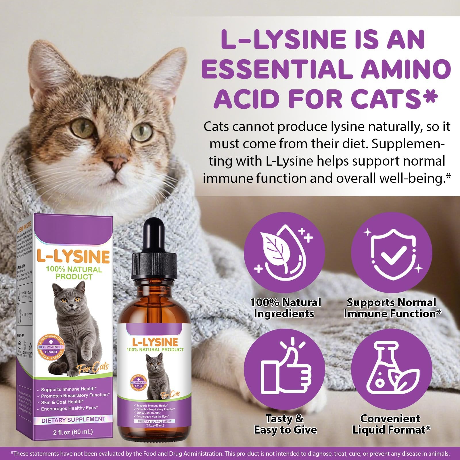 Cat L-Lysine Liquid 2oz Immune Respiratory Skin Coat Eyes | Lisina Gatos
