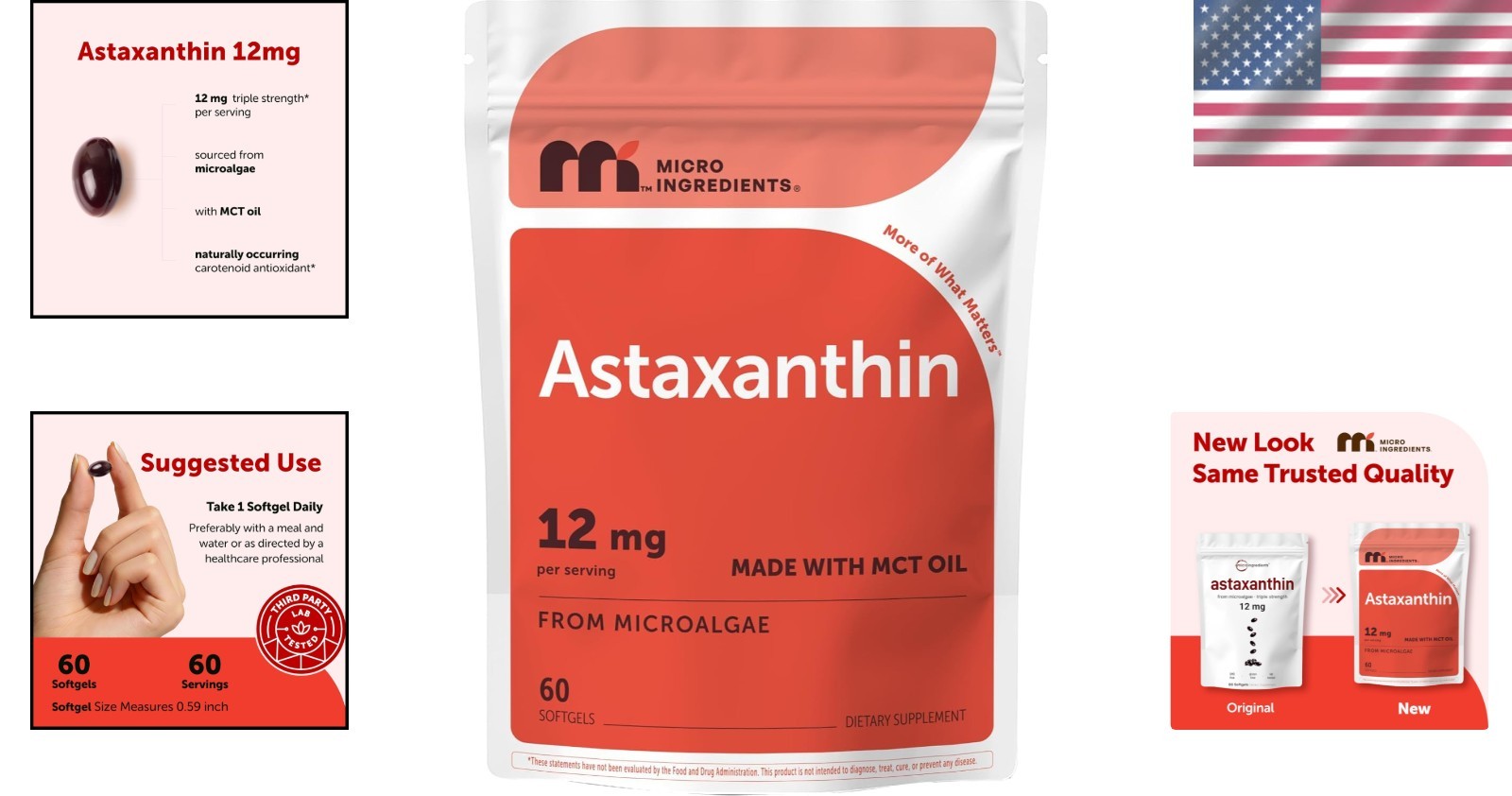 Astaxanthin 12mg Softgels with MCT Oil – 60 Non-GMO & Gluten-Free Softgels