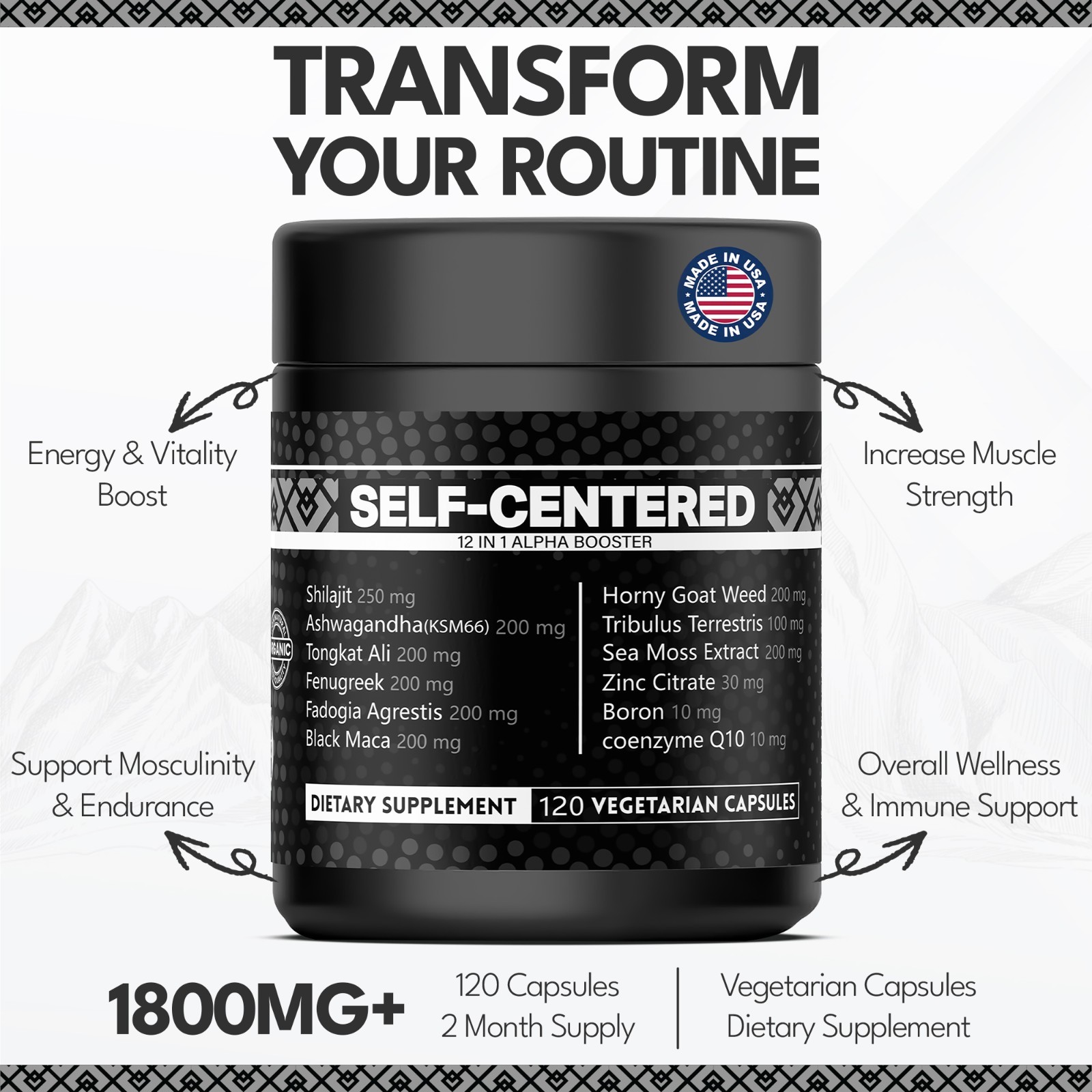 Self Centered: 12-in-1 ALPHA BOOSTER for Men, Muscle Growth, Energy,2 MONTH SPLY