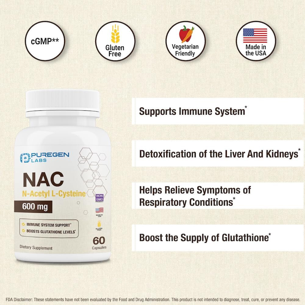 Puregen NAC N-Acetyl Cysteine 600mg 60 Capsules 1 PK