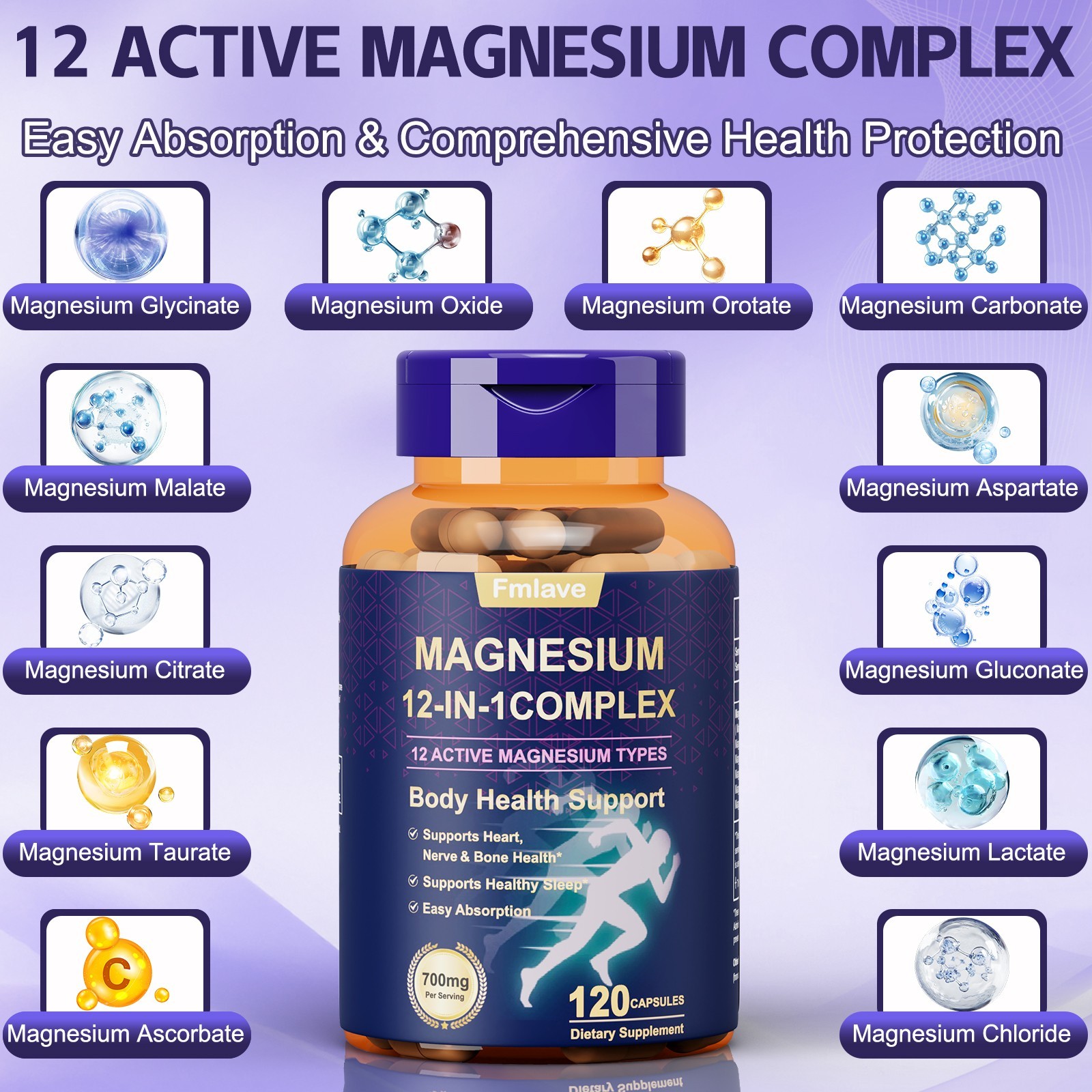 12 in 1 Magnesium Complex Supplement: 700mg of 12-element Magnesium, 120 caps