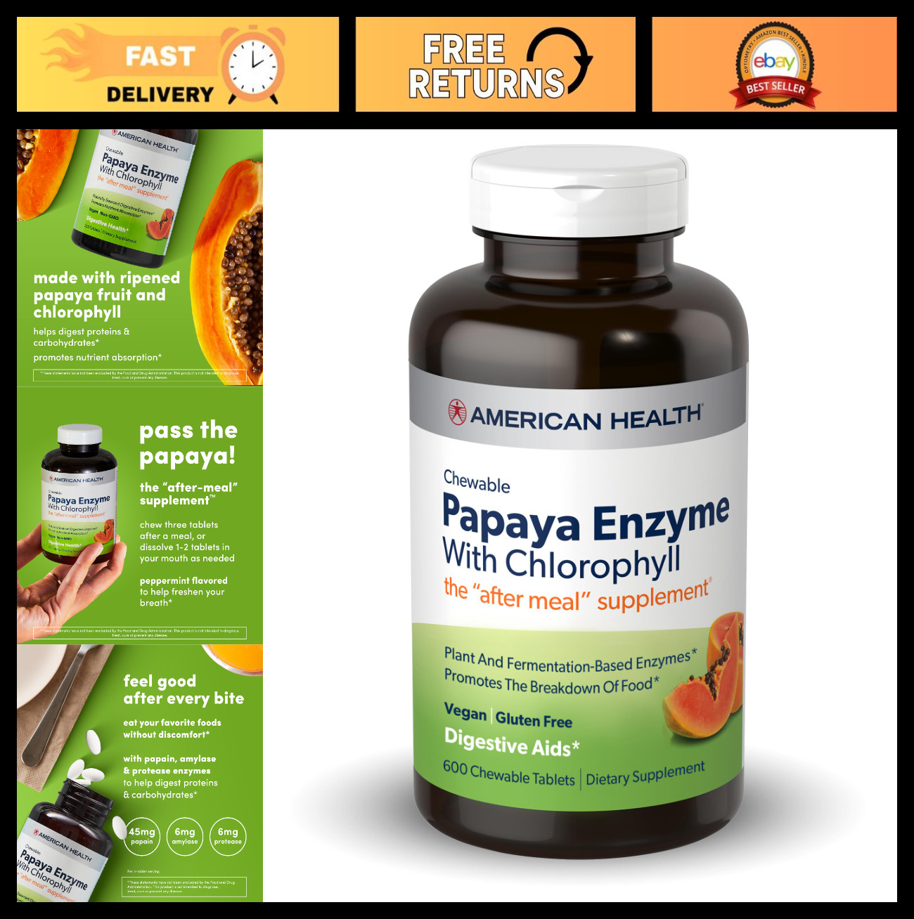 Papaya Enzyme Chewable Tablets – Supports Digestion, Nutrient Absorption, Freshe
