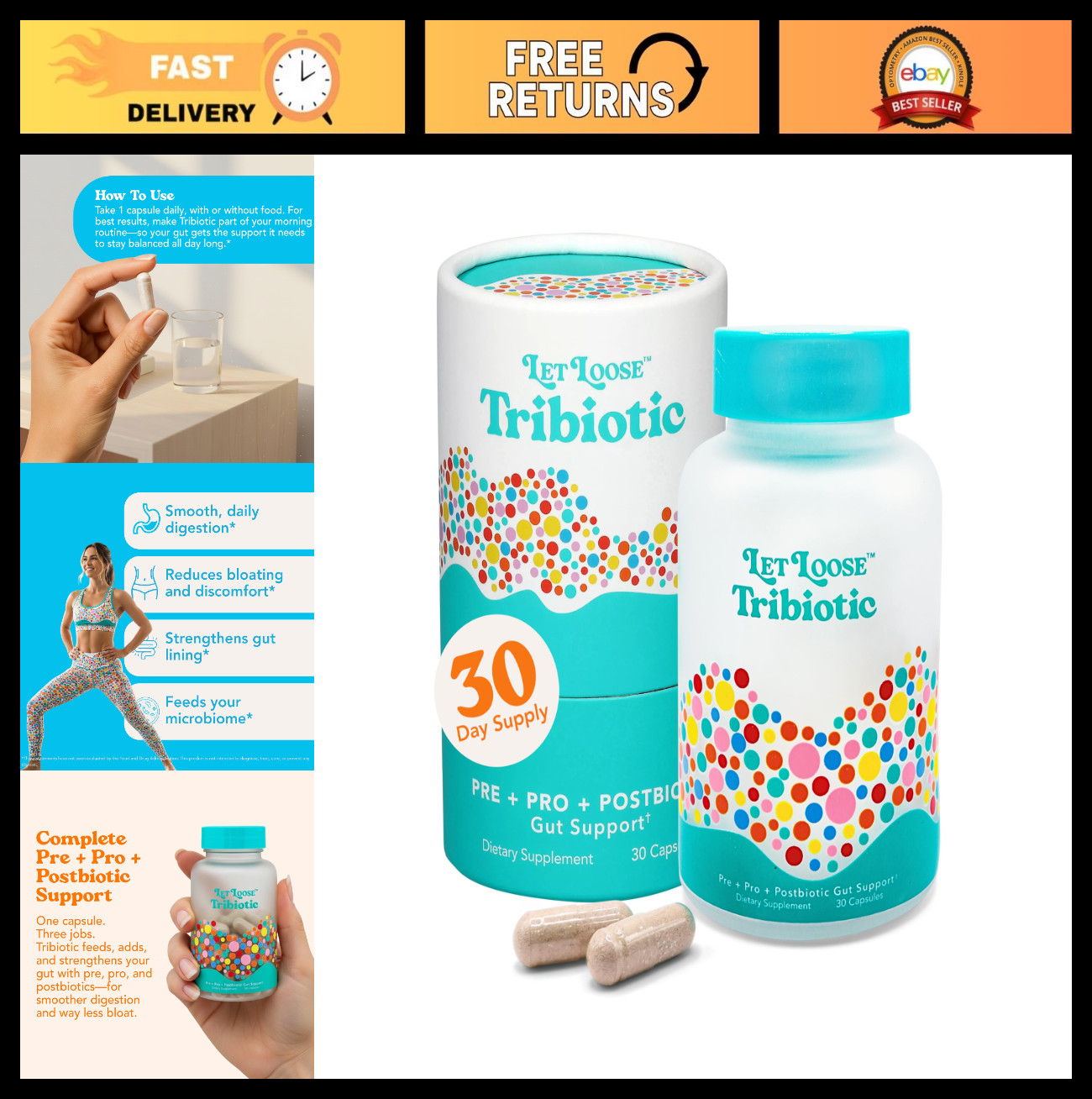 Probiotics Prebiotics Postbiotics – Daily Gut Health Pills (30 Count) for Digest