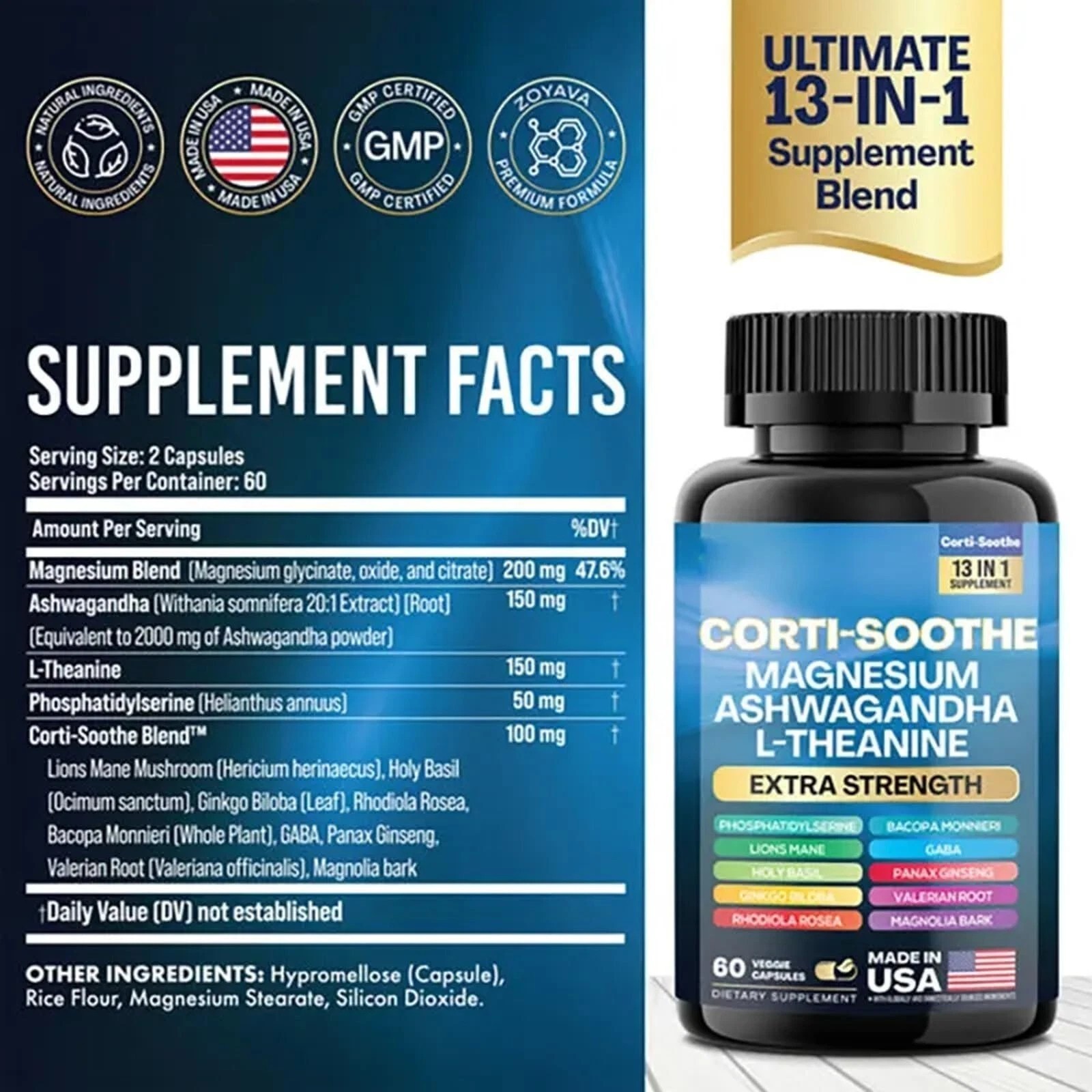 Cortisol CORTI-SOOTHE Magnesium Ashwagandha L-theanine – Relieve Stress