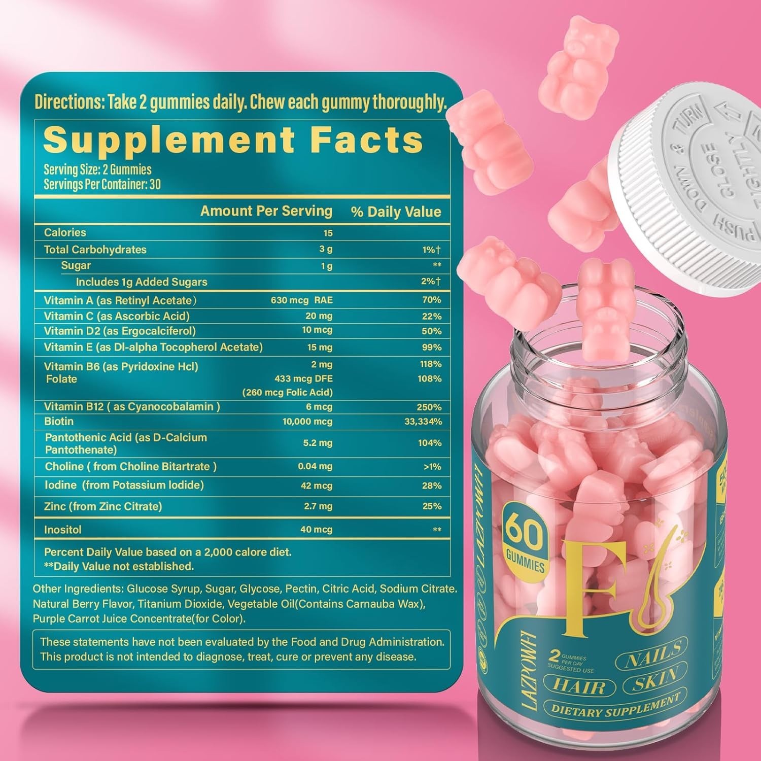 30-Day Supply Biotin Gummies – Supports Hair and Nail Health, 60 Count