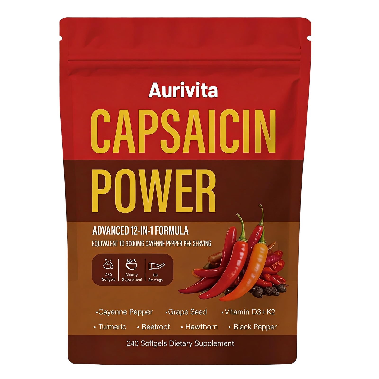 Aurivita Cayenne Capsaicin Softgels + D3, K2, Beetroot, Grape Seed 240 ct