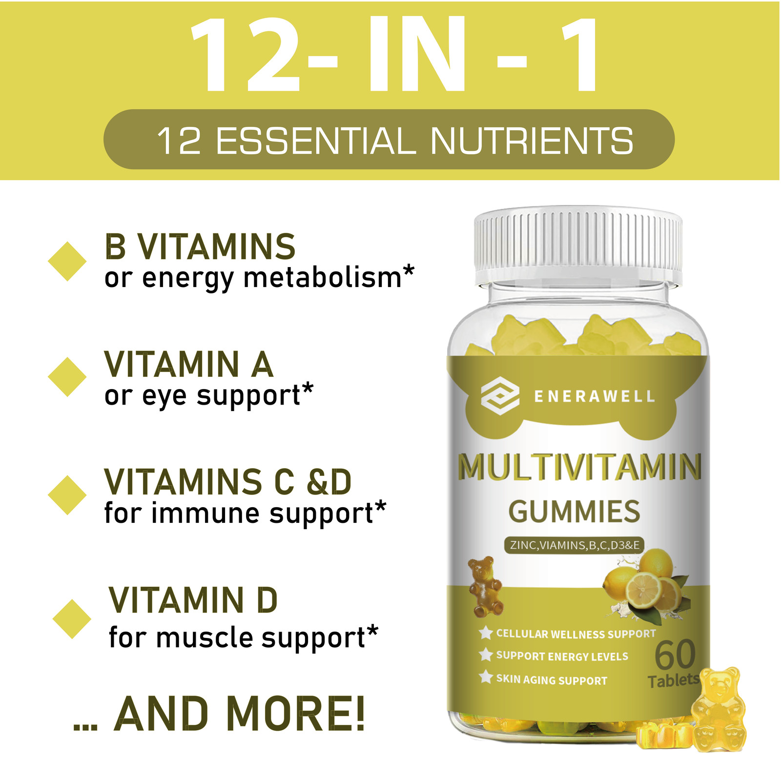 Multivitamin Gummies Vitamins A,B6,B12,C, D3,E & Zinc Immunity Growth 02/07/2027